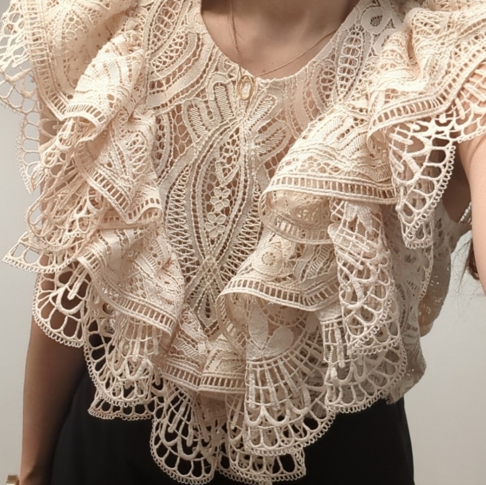 Zara Elegant Lace Ruffle Top - Cream/ Blush Color